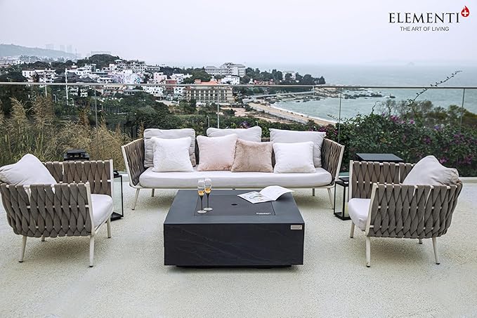 Elementi+ | Bundle Roraima Gas Fire Pit Cast Concrete 40" Square Fire Table, Outdoor Fire Pit Electronic Ignition | Canvas Cover, Fire Glass and Burner Lid Included | Dark Gray | Natural Gas