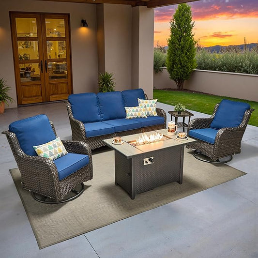 ovios 5 Pieces Patio Furniture Set, Outdoor Wicker Sofa Couch with Swivel Chairs 42" Fire Pit Table, All Weather High Back Modern Conversation Sets, Brown Rattan, Navy Blue
