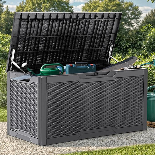 YITAHOME 100 Gallon Large Resin Deck Box Outdoor Storage Boxes for Patio Furniture, Outdoor Cushions, Garden Tools and Pool Supplies-Waterproof,Lockable (Dark grey)