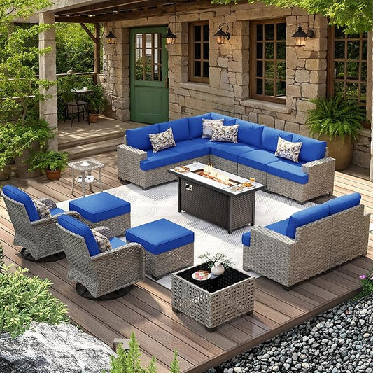 HOOOWOOO Outdoor Sectional Patio Furniture Set with Fire Pit Table,15 Pieces Wicker Conversation Sets L Shaped Couch,Extra Deep Out Door Sofa Outside Furniture with Swivel Chairs Ottomans,Navy Blue