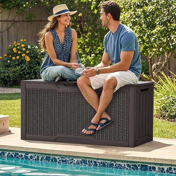 YITAHOME 80 Gallon Outdoor Storage Box, Large Water Resistant Resin Deck Box, Indoor Outdoor Lockable Rattan Storage Container for Patio, Garden, Cushions, Tools, Equipment (Dark Brown)