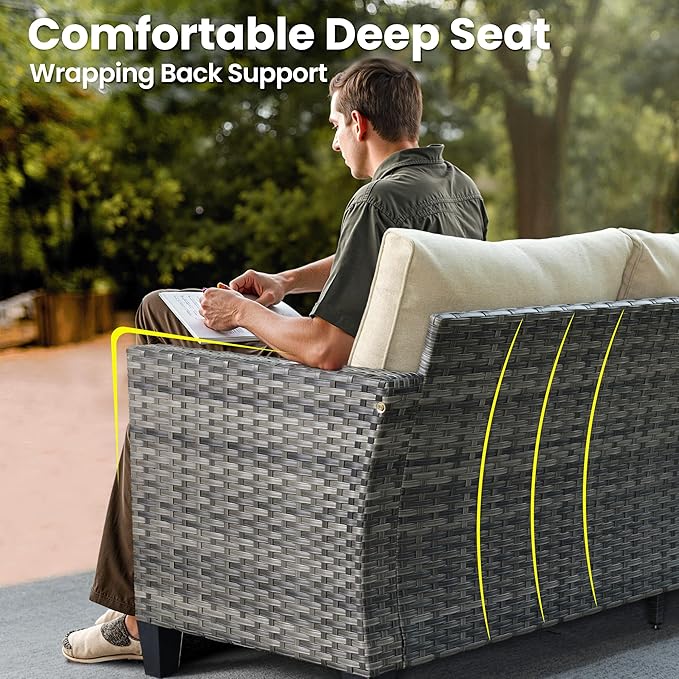ovios 5 Pieces Patio Furniture Set, Outdoor Wicker Sofa Couch with Rocking Swivel Chairs Solar Lights Table, Modern Deep Seat Rattan Conversation Sets for Porch Deck, Beige