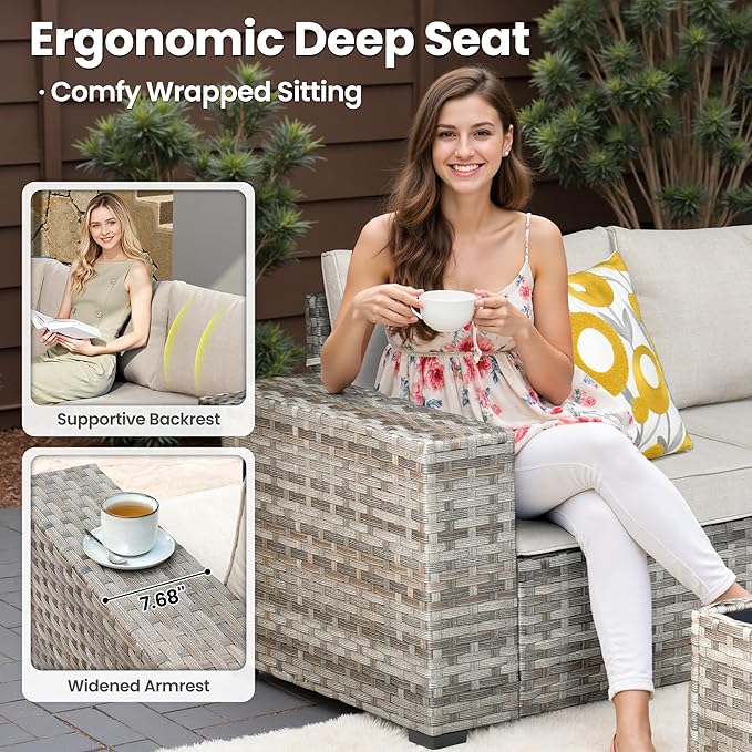 ovios 13 Pieces Patio Furniture Set, Outdoor Wicker Sectional Sofa with 54 Inch Fire Pit Table Comfy Cushions, Modern Modular Deep Seat Rattan Couch Conversation Set, Beige