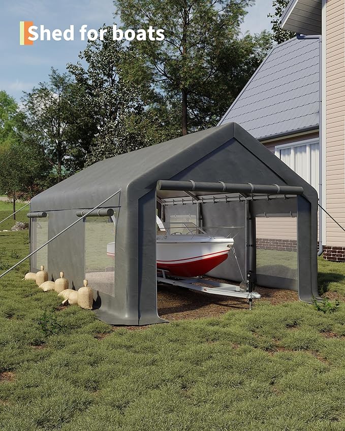 10X20Ft Waterproof Carport Canopy with Roll-Up Mesh Windows & Double Zipper Doors, 180g PE Tarp Cover for Cars, Trucks, SUVs, RVs, Boats & Outdoor Equipment Storage, Grey