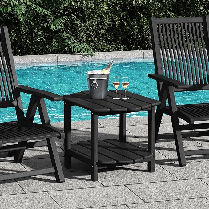 Small Outdoor Side Tables Modern 2-Tier Adirondack Table Rustic End Table HDPE Storage Shelf Industrial Corner Rectangle Coffee Table for Patio Garden Balcony Backyard Pool Farmhouse Home Black