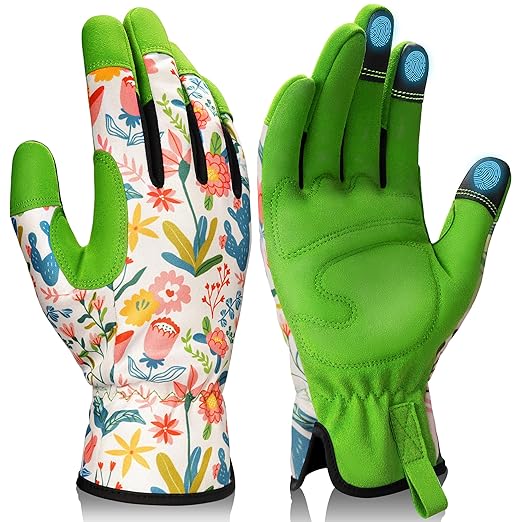 Gardening Gloves for Women, Breathable Leather Work Gloves, Thorn-Proof Gardening Gifts, Touchscreen Compatible, Protective Work for Digging, Planting, Pruning, Medium Size, Green & White