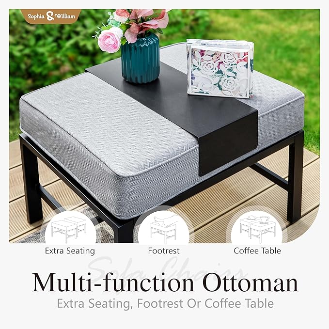 Sophia & William Patio Furniture Sets for 5 Outdoor Metal Conversation Sets 5 Pcs with 2 x Cushioned Swivel Sofa Chairs, 2 x Ottomans as Coffee Table, 1 x 3-Seat Sofa, Lawn Backyard Poolside Grey