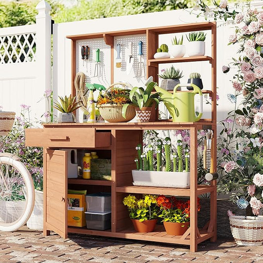 Fir Wood Potting Bench with Hutch - Outdoor Garden Workstation with 4 Shelves, Drawer & Adjustable Storage, 50.2" Countertop, & Pegboard (Brown + Wood + Rustic)