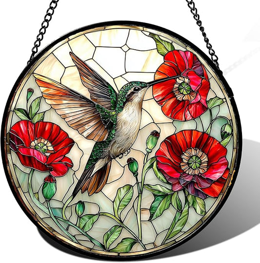 Stained Glass Window Hanging - Green Hummingbird Red Flower Suncatcher for Door Terrace Garden Home Decor Bird Landscape Sun Catcher Birthday Gifts for Lovers Women Men Dad Mom Nana 7.8 in