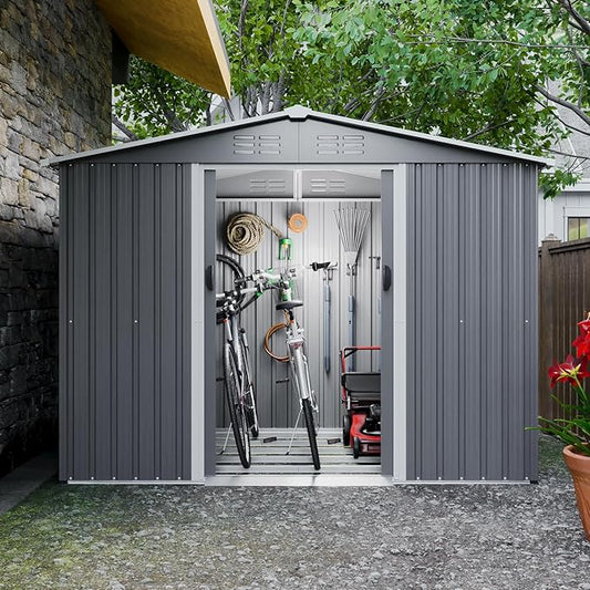 10X8 FT Outdoor Storage Shed, All Weather Metal Sheds with Lockable Doors, Tool Shed for Garden, Patio, Backyard, Lawn (Grey with Floor Frame, 8x6 ft)
