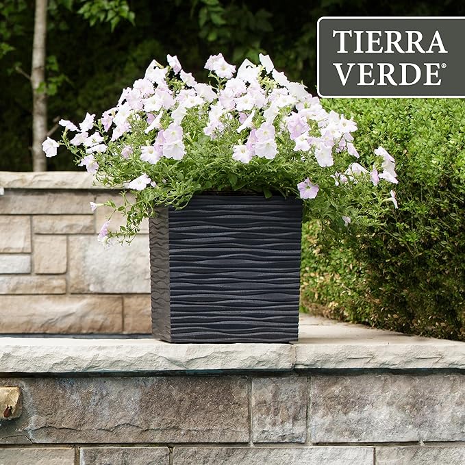 Tierra Verde Indoor & Outdoor Self-Watering Square Planter, Citadel Serenity, 14”, Black - Planting Containers for Plants and Flowers - Gardening and Landscaping Accessories