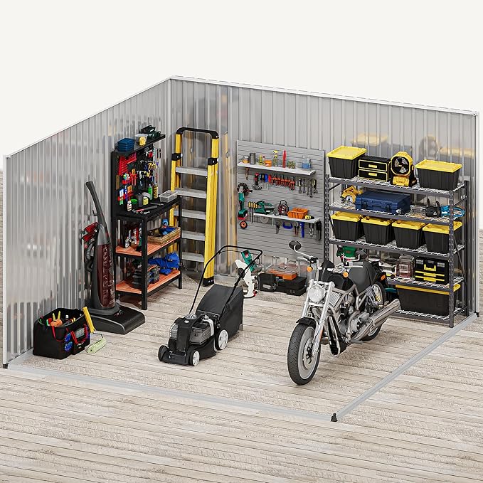DWVO 10x10ft Metal Outdoor Storage Shed with Window, Lockable Tool Storage Sheds, Oversized Steel Garden Sheds with Sloped Roof for Backyard, Patio, Garage, Lawn, Gray & White