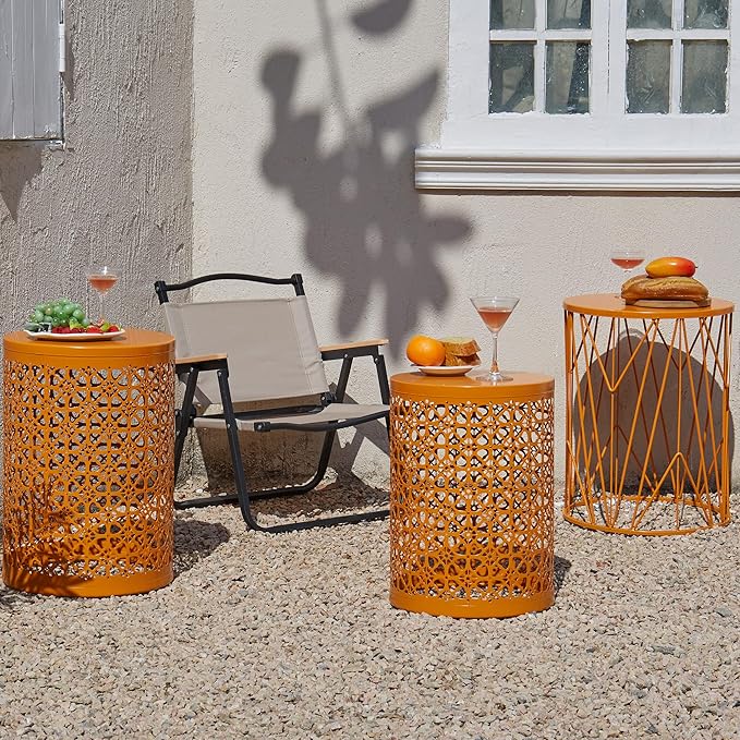 Y&M Set of 3 Stacking Coffee Table for Living Room, Patio Side Table, Indoor End Tables for Bedroom, Outdoor Decorative Garden Stool with Heavy Duty Metal Frame Modern Industrial Decor - Orange