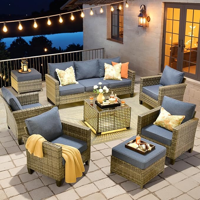 HOOOWOOO Outdoor Patio Furniture Set,8 Pieces Wicker Conversation Set,All Weather Couch Set with Solar Light Table Ottoman Chairs 9 Seaters for Out Door Yard(Denim Blue)