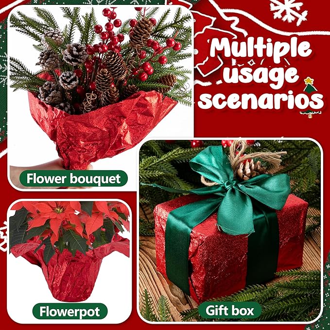 Adnee 2 Roll 10 Yard Floral Foil Plant Pot Covers,Matte Texture Christmas Plant Pot Foil,Red Floral Pot Wrapping Paper for Christmas Home Flower Pot DIY decor