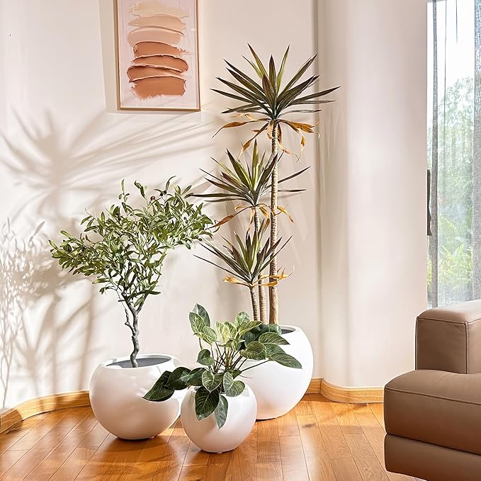 9.7" H x 12" D Globo Fiberstone Round Planter with Drainage Hole, Weather Resistant, Smooth Finish, Planters for Indoor Plants & Outdoor, 2 Extra Coco Mats (White, 7.8" Pot Opening)