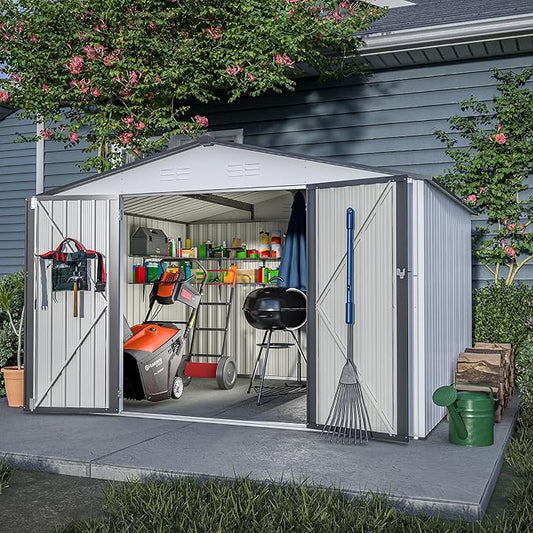 10X8 FT Outdoor Storage Shed, All Weather Metal Sheds with Lockable Doors, Tool Shed for Garden, Patio, Backyard, Lawn (White, 10x8ft)