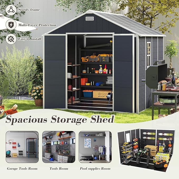 8x8 FT Resin Storage shed, Outdoor Storage Sheds with Floor, Window, Lockable Doors and Vents, 12mm Thick pp Board, Large Storage Space Tool Shed for Lawn, Backyard, Patio (Dark Gray, 8 * 8ft)