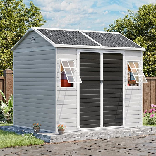 CDCASA 8x6 FT Resin Storage Sheds with Floor, Waterproof Large Outdoor Sheds and Adjustable Openable Windows,Outside Plastic Tool Shed for Backyard Garden Patio Lawn