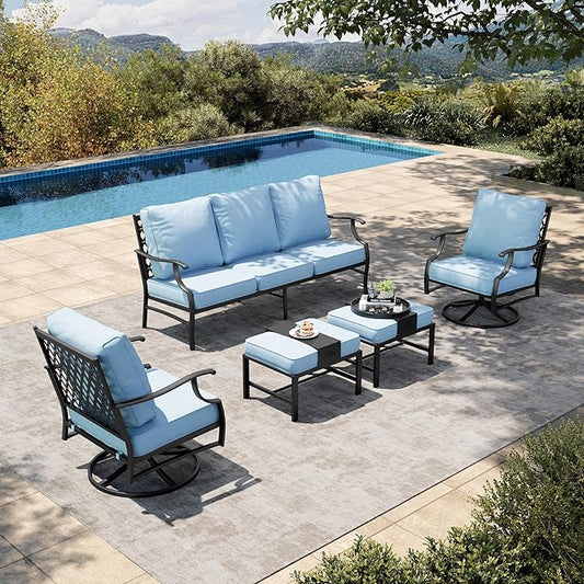 HERA'S HOUSE 5 Piece Patio Furniture Set, 2 x Swivel Chair, 2 x Ottoman, 1 x 3-Seat Sofa, All Cushioned 7 Seats Outdoor Conversation Set for Lawn Garden Backyard, Blue