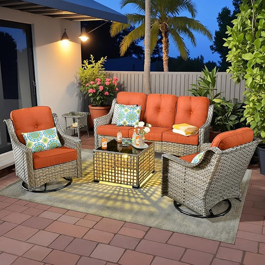 5 Pieces Patio Outdoor Furniture Set with Swivel Rocking Chairs,All Weather Wicker Rattan Patio Seating Sofa and Chair Set w/Glowing Table,Outdoor Conversation Sets for Deck Yard Garden,Red
