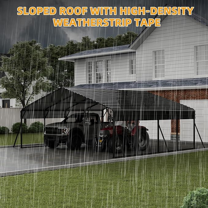 20x20FT Metal Carport Kits with Galvanized Steel Roof, Heavy Duty Metal Roof Carport with Enhanced Base, Tall MetalCarport Kits Garage for Tractors, Pickup, Boat, Car