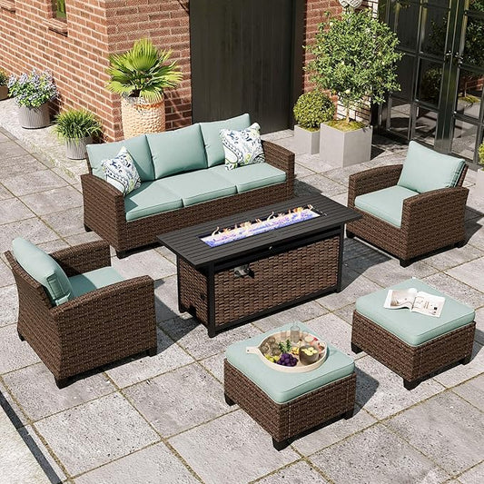 Patio Furniture Set, 6 Pcs Wicker Rattan Outdoor Conversation Set, 2 x Leg Chairs, 1 x 3 Seater Sofa and 2 x Ottoman with 4" Thick Cushion and 56" Fire Pit Table, Blue