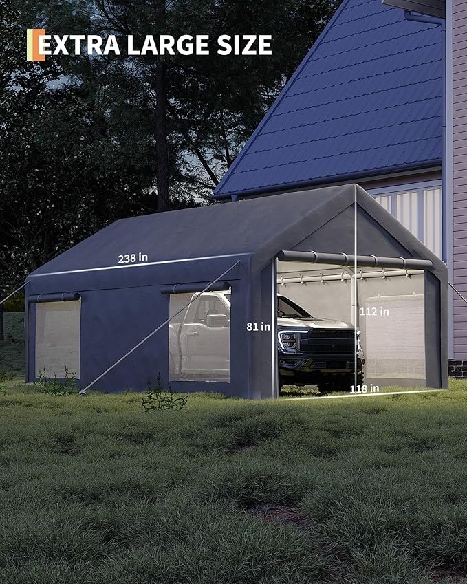 10X20Ft Waterproof Carport Canopy with Roll-Up Mesh Windows & Double Zipper Doors, 180g PE Tarp Cover for Cars, Trucks, SUVs, RVs, Boats & Outdoor Equipment Storage, Grey
