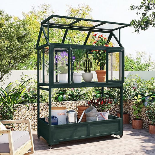 62" Wooden Greenhouse with Wheels - Adjustable Shelves Portable Cold Frame for Balcony/Patio, UV-Resistant Indoor Outdoor Plant Growing Cabinet (Large, Heavy-Duty) (Green)