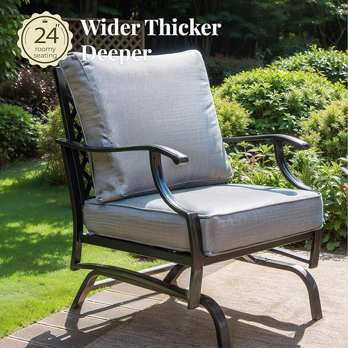Patio Furniture Set 5 pcs, Outdoor Patio Furniture, 3-Seat Sofa, 2 Rocking Chairs, 2 Ottomans and 5.75" Extra Thick Cushion, Patio Conversation Set for Garden Backyard Deck,Grey