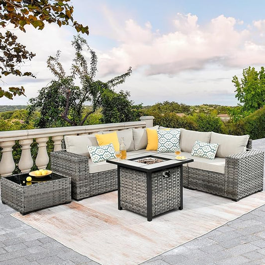 HOOOWOOO Modular Patio Outdoor Sectional Furniture Set with Gas Propane Fire Pit Table,7 Piece Wicker Conversation Sofa Set,Out Door Couch Set with Wide Arm Outside(Beige)