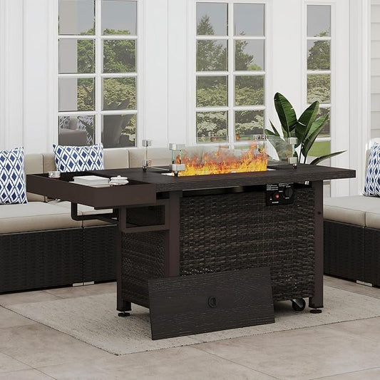 52 Inch Wicker Outdoor Fire Table, 50,000BTU Propane Fire Pit Table with Windshield, Side Basket, Rain Cover and CSA Certified, Patio Fire Pit for Garden, Backyard, Balcony, Poolside, Brown