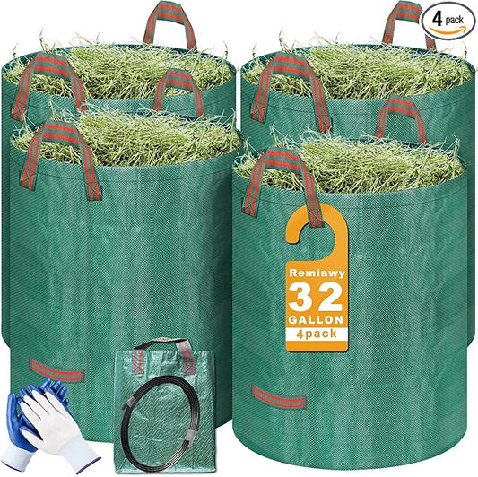 Remiawy Reusable Yard Waste Bags, 4 Packs 32 Gallons Lawn and Leaf Garden Bags Heavy Duty with 4 Handles, Collapsible Yard Waste Containers Camping Yard Recycling Bin for Debris Leaves Grass Clippings