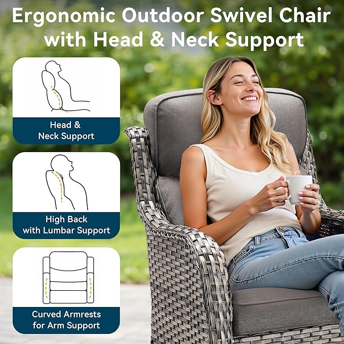 Luxury High Back Outdoor Furniture 6-Inch Thick Cushions with 50,000 BTU Gas Propane Fire Pit Tablet, Patio Furniture Set with Swivel Chairs, for Porch, Balcony, Deck and Yard