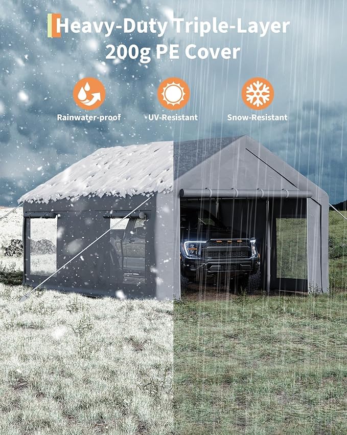 10X20Ft Waterproof Carport Canopy with Roll-Up Mesh Windows & Double Zipper Doors, 180g PE Tarp Cover for Cars, Trucks, SUVs, RVs, Boats & Outdoor Equipment Storage, Grey