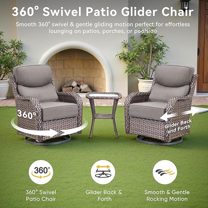 Luxury High Back Outdoor Swivel Rocker Patio Chairs with Side Table & 6-Inch Thick Cushions, 2 Pieces Patio Furniture Set for Porch, Balcony, Deck and Yard