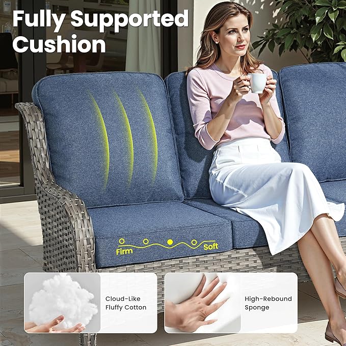 ovios 8 Pieces Patio Furniture Set, Outdoor Wicker Sofa Couch with Swivel Chairs 42" Fire Pit Table, All Weather High Back Modern Conversation Sets, Grey Rattan, Denim Blue