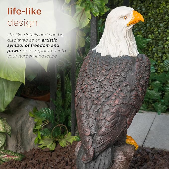 Alpine Corporation JUM582 27" Majestic Eagle on Rocks Garden Statue – Indoor Outdoor Patriotic Bird Sculpture, Durable Weather-Resistant MGO for Yard, Patio, Deck, Porch or Pathway