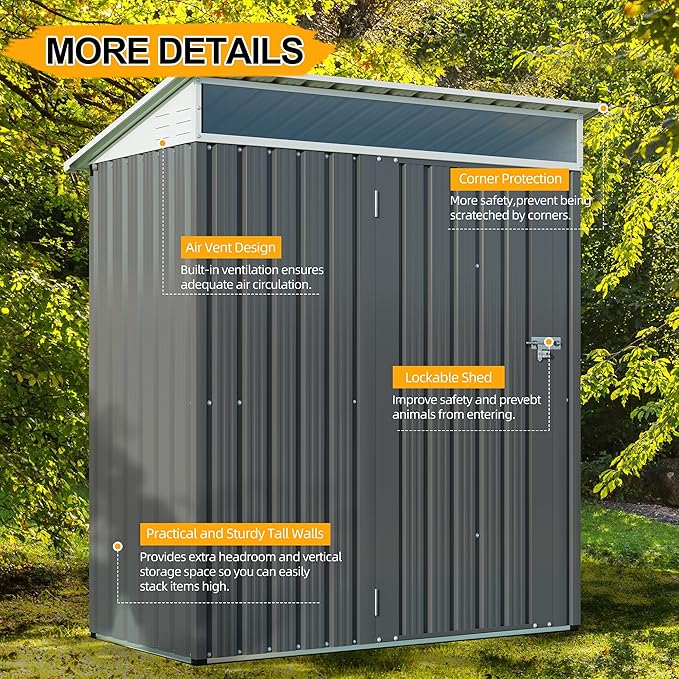Shintenchi 5x3 FT Outdoor Storage Shed with Window, Outdoor Waterproof Storage Shed Metal Garden Shed with Lockable Single Door, Weather Resistant Tool Storage House Shed for Garden,Backyard,Dark Gray