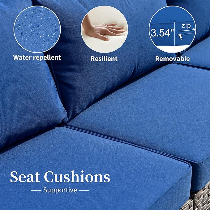 HOOOWOOO 13 Piece Patio Sectional Furniture Set with FirePit Table,Modern Wicker Outdoor Conversation Sofa Sets,All Weather Modular L Shaped Outside Couch Swivel Chair Set(Navy Blue)