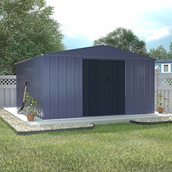 MUPATER Storage Shed 10' x12' for Outdoor, Metal Shed Kit with Lockable Doors and Vents, Patio Tool Shed House for Backyard, Garden, Lawn, Grey