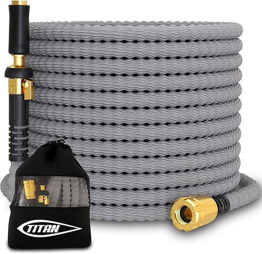 TITAN Flexible Garden Hose 30FT – Ultra Lightweight, Heavy Duty Water Hose with Brass Fittings & Jet Nozzle – Kink-Free, Non-Expanding, Durable Fabric Hose for Yard, Lawn, Car Wash, Outdoor Use