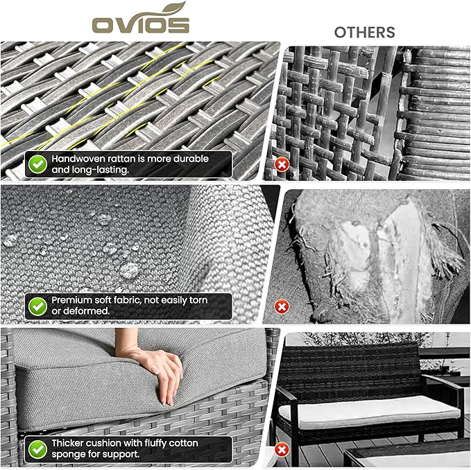ovios Patio Furniture Set, 8 Pieces Outdoor Wicker Sofa Couch with Chairs, Ottomans and Comfy Cushions, All Weather High Back Rattan Conversation Set, Dark Grey