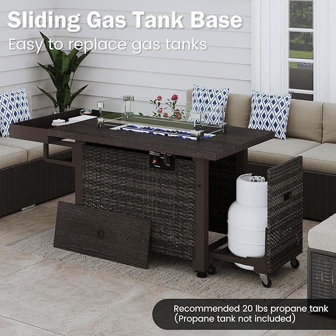 52 Inch Wicker Outdoor Fire Table, 50,000BTU Propane Fire Pit Table with Windshield, Side Basket, Rain Cover and CSA Certified, Patio Fire Pit for Garden, Backyard, Balcony, Poolside, Brown
