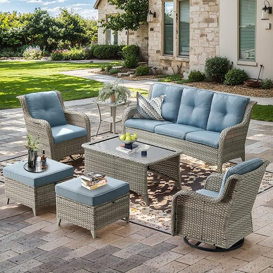 Wicker Rattan Patio Furniture Set - 7 Pieces Outdoor Couch with Swivel Chairs, Ottomans and Coffee Table for Deck, Poolside, Backyard - Light Grey/Light Blue