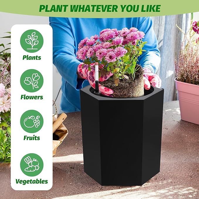 16 Inch Tall Outdoor Planters Set of 2, Self Watering Pots for Indoor Plants with Water Level Monitor & Drainage Hole & Wheels, Large Planter Pots for Garden, Patio, Balcony, Lounge, Black