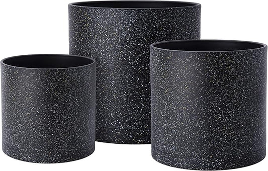 D'vine Dev 6.5 Inch 8 Inch 10 Inch, Set of 3 Plastic Planter Pots for Plants with Drainage Hole and Seamless Saucers, Speckled Black Color, Large, 74-V-F-4