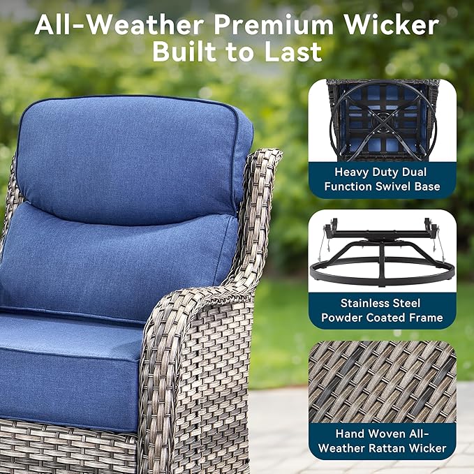 Luxury High Back Outdoor Swivel Rocker Patio Chairs with Side Table & 6-Inch Thick Cushions, 3 Pieces Patio Furniture Set for Porch, Balcony, Deck and Yard