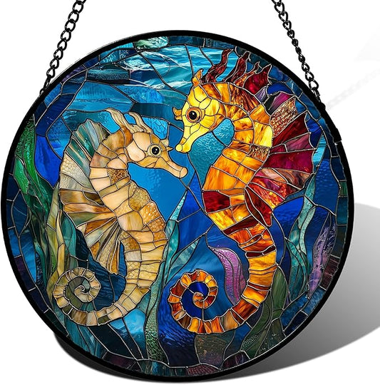 Stained Glass Window Hanging - Blue Ocean Orange Seahorse Suncatcher for Door Terrace Garden Home Decor, Marine Life Sun Catcher Birthday Gifts for Lovers Women Men Dad Mom Nana 9.8 in