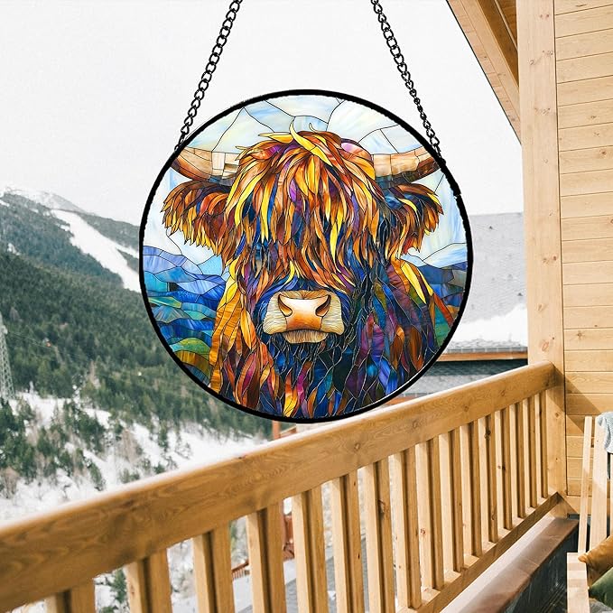 Stained Glass Window Hanging - Highland Cattle Suncatcher for Door Terrace Garden Home Decor Western Style Brown Cow Sun Catcher Birthday Gifts for Lovers Women Men Dad Mom Nana 6.3 in